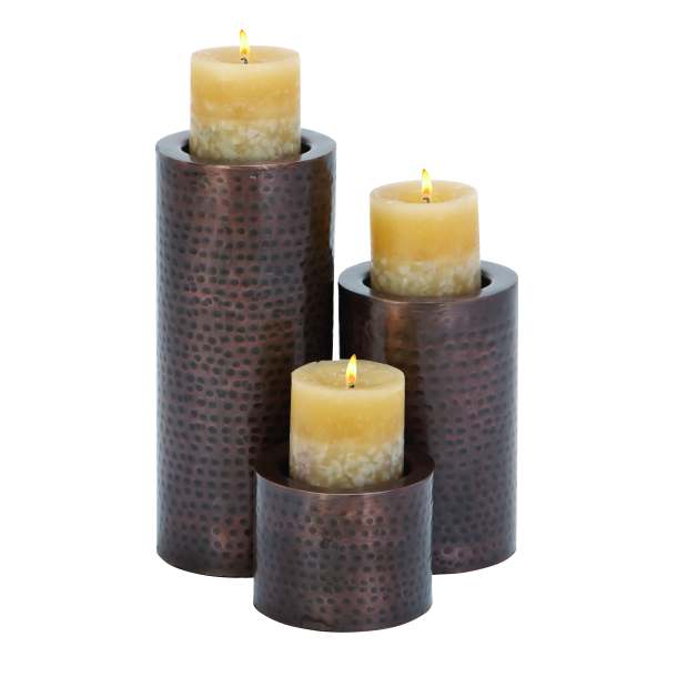 Benzara Old Style Antiqued Metal finish Candleholder, Set of 3, Brown