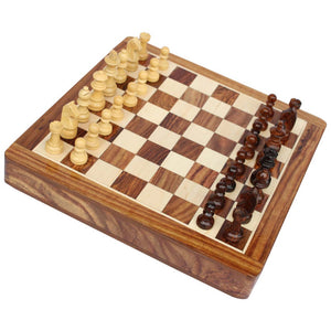 Benzara Wooden Chess Set With Felted Storage, Brown And Beige