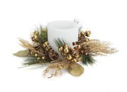 16"" Golden Brown Ribbon  Berry & Pine Cone Artificial Christmas Pillar Candle Ring